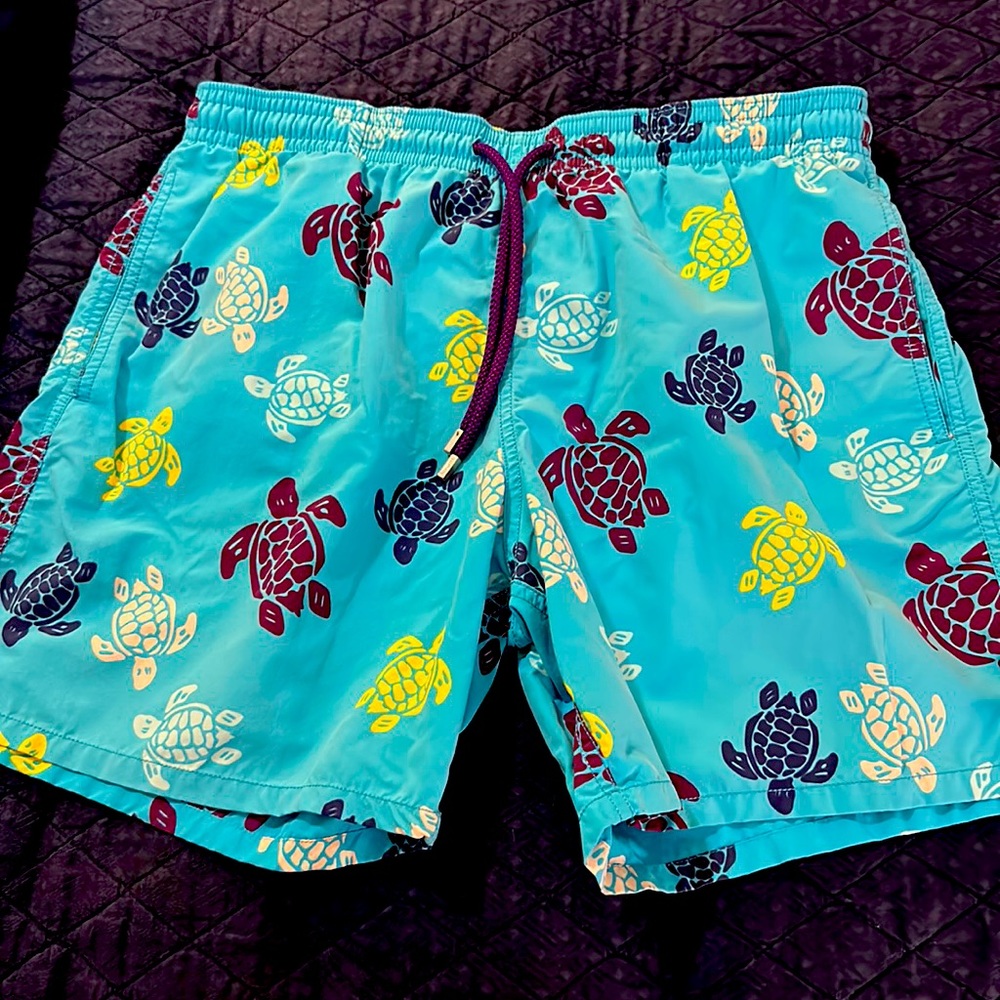 Men’s Sky blue Vileberquin baiting suit with turtles.